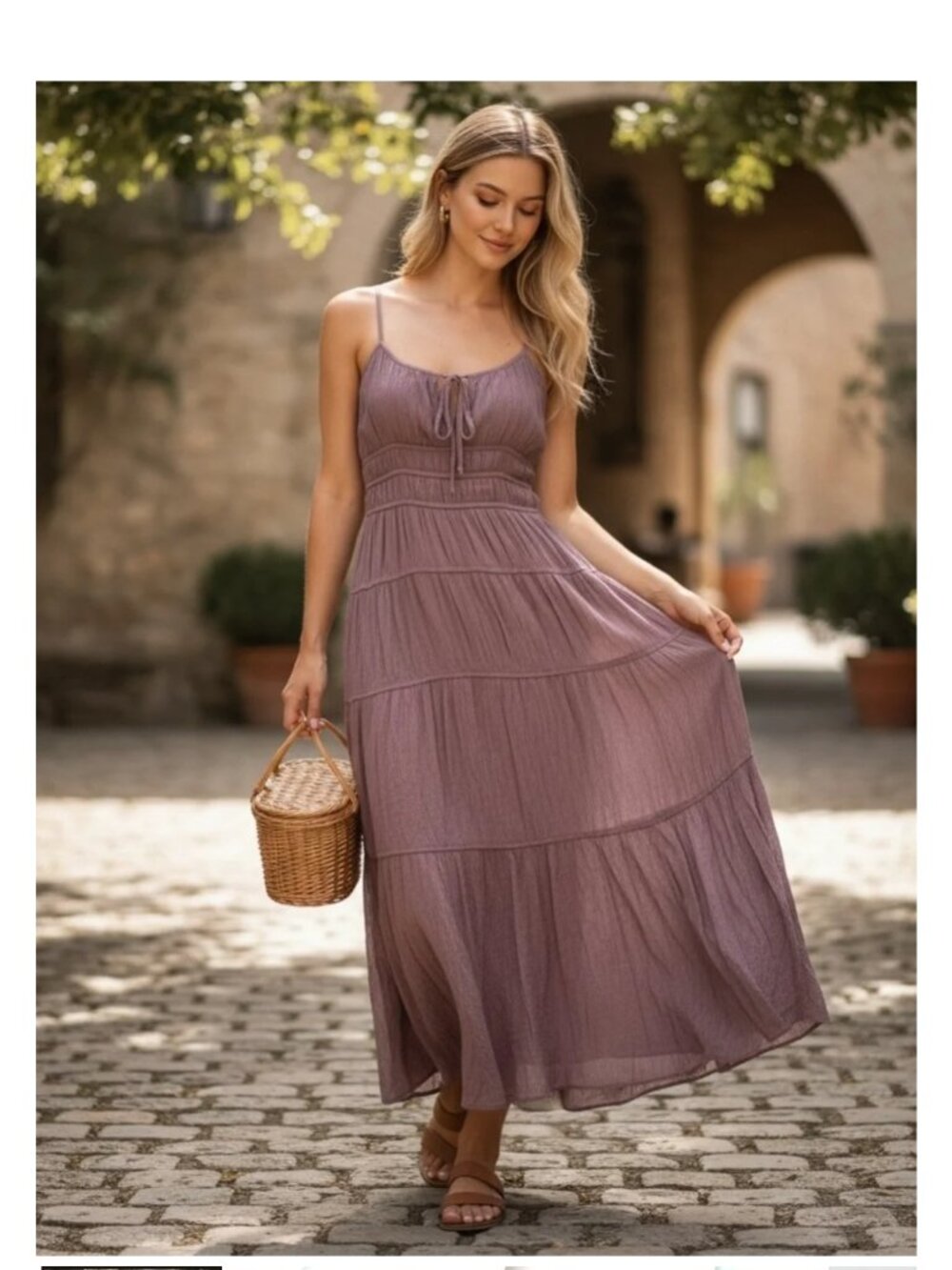 Needii Milkmaid Maxi Dress M Purple Tiered Crinkle Boho Festival Cottagecore